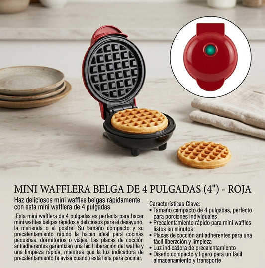 MINI WAFFLERA BELGA DE 4 PULGADAS (4") - ROJA